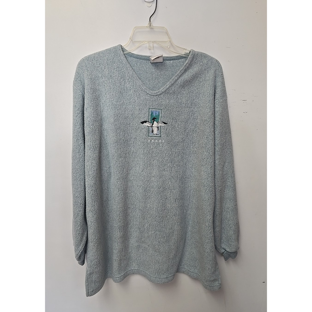 Vtg Artisans V-Neck Gray Fleece Grannycore Pullover Sweatshirt Womans Size Large